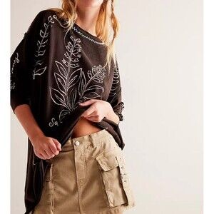 Free People Garden Party Tee Tunic Top Floral Embroidered Long Sleeve L 286560